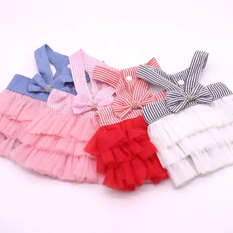 Cute Striped Pet Princess Dress With Bowknot And Multi-Layer Mesh Tutu Summer Breathable Dog Cat Apparel Pink Blue Red Clothing