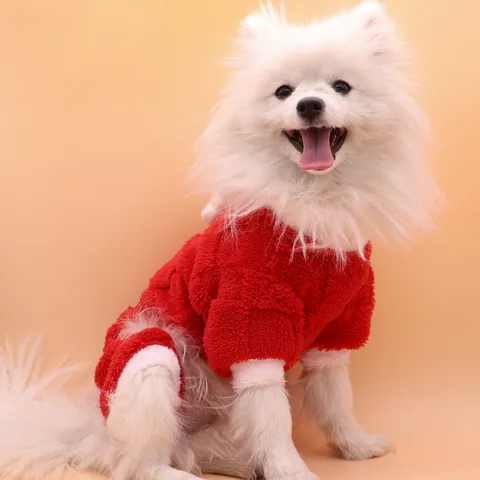 Vêtements de Nouvel An Chinois pour Animaux de Compagnie Rouge Festif Chien Chat Combinaison Gilet Chaud Polaire Manteau d'Hiver pour Chiot Avec Anneau en D pour Laisse Motif Danse du Lion