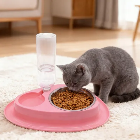 2-in-1 Huisdier Voerbak Automatische Waterdispenser Roestvrijstalen Voerstation Voor Katten En Kleine Honden Roze