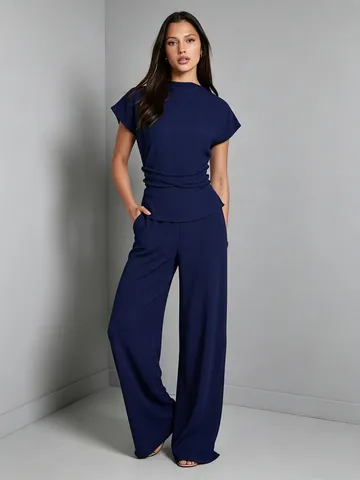 Ensemble de Détente pour Femme en Maille Côtelée Haut Portefeuille Manches Courtes Pantalon Large Couleur Unie Deux Pièces