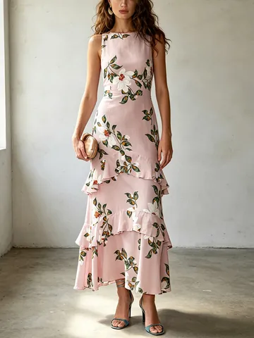 Vestito Maxi da Donna Elegante Senza Maniche con Stampa Floreale Misto Poliestere Gonna a Balze Stile Europeo Abito da Spiaggia