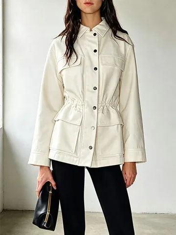 Damen Revers Workwear Jacke Top Mit Kordelzug In Der Taille Lässiger Langarm Polyester Mantel Büro Lady Utility Jacke