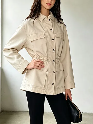 Damen Revers Workwear Jacke Top Mit Kordelzug In Der Taille Lässiger Langarm Polyester Mantel Büro Lady Utility Jacke