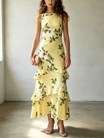 Vestito Maxi da Donna Elegante Senza Maniche con Stampa Floreale Misto Poliestere Gonna a Balze Stile Europeo Abito da Spiaggia