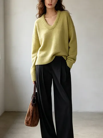 Maglione da Donna in Maglia con Scollo a V Vestibilità Larga Manica Lunga Pullover Tinta Unita Poliestere Elastan Top Casual