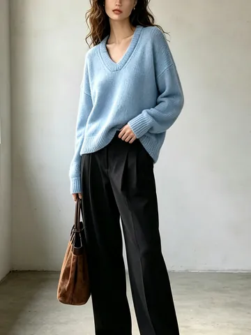 Maglione da Donna in Maglia con Scollo a V Vestibilità Larga Manica Lunga Pullover Tinta Unita Poliestere Elastan Top Casual