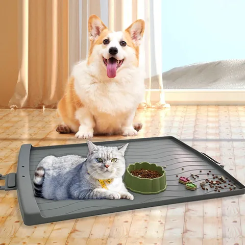 Alfombrilla Silicona para Alimentación de Mascotas Impermeable Antideslizante para Perros Gatos con Bordes Elevados Gris