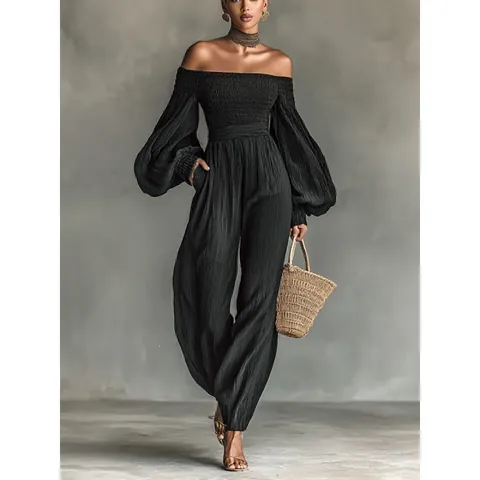 Damen Schulterfrei Langarm Jumpsuit Plissierter Polyester Stoff Laternenärmel Weites Bein Einteiler Für Party Strand Urlaub
