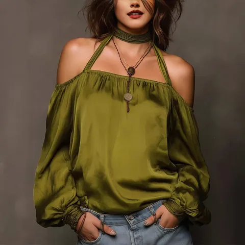 Women Sexy Halter Off Shoulder Matte Satin Blouse Loose Lantern Sleeve Solid Color Woven Top For Party Dating
