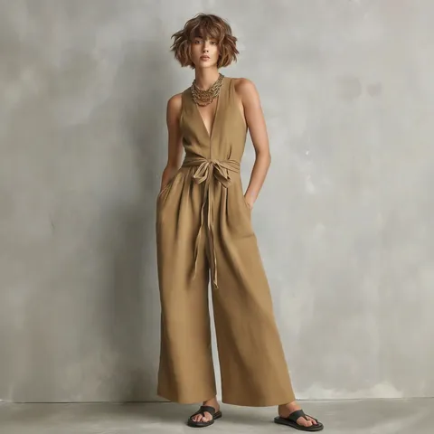Tuta Intera da Donna Elegante Senza Maniche con Scollo a V Tinta Unita Gamba Larga Romper Lungo con Cintura Moda Estate