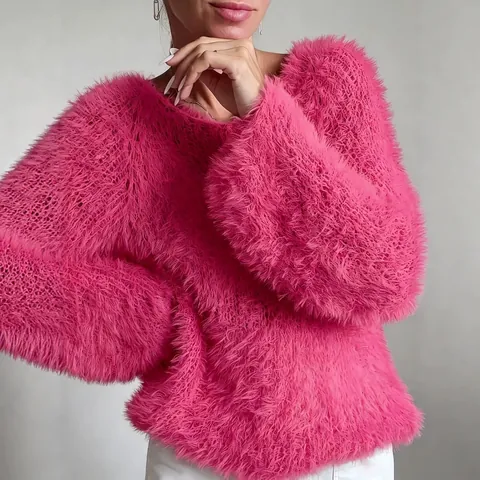 Women's Fluffy Round Neck Sweater Solid Macaron Color Fuzzy Long Sleeve Pullover Elegant Faux Fur Design Casual Soft Top