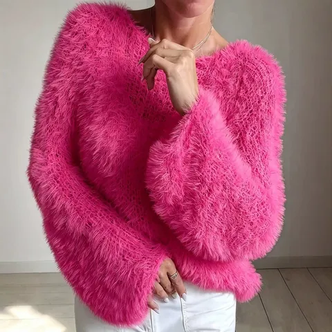 Women's Fluffy Round Neck Sweater Solid Macaron Color Fuzzy Long Sleeve Pullover Elegant Faux Fur Design Casual Soft Top