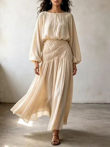Γυναικείο Boho Μάξι Φόρεμα Μανίκι Φανάρι Πλισέ Κομψό Ψηλόμεσο Άλφα Γραμμή Κυματιστό Μακρύ Φόρεμα Διακοπών Πολυεστέρας Σπάντεξ
