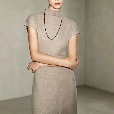 Women Vintage Elegant Mock Neck Maxi Dress Summer New Fashion Simple Short Sleeve Slim Fit Long Dress For Banquet Daily
