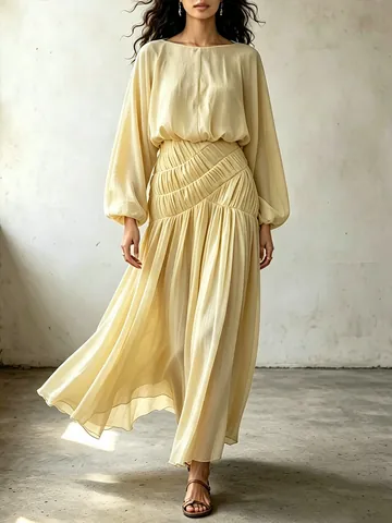 Damen Boho Laternenärmel Plissee Maxikleid Elegant Hohe Taille A-Linie Swing Lang Urlaub Kleid Polyester Elasthan