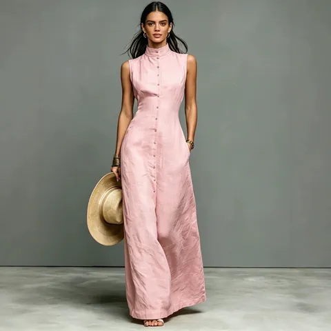 Women's Minimalist Stand Collar Sleeveless Maxi Dress Elegant Single-Breasted Solid Color Patchwork Long Dress For Vacation