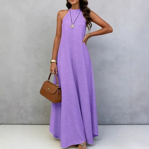Vestido Largo de Mujer con Cuello Halter Verano Seda de Hielo Sin Mangas Espalda Descubierta Lazo Holgado Playa Vacaciones