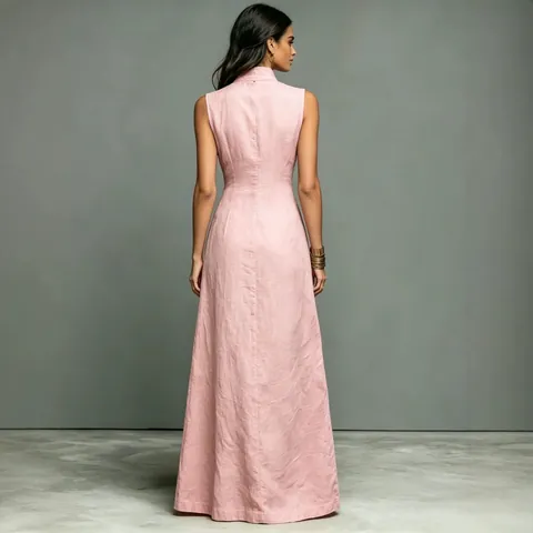 Women's Minimalist Stand Collar Sleeveless Maxi Dress Elegant Single-Breasted Solid Color Patchwork Long Dress For Vacation
