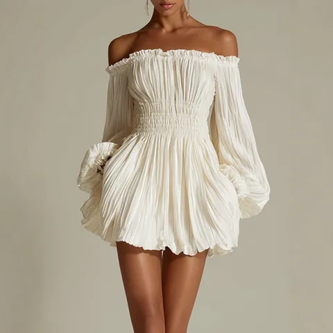 Abito Mini Donna Elegante Spalle Scoperte Plissettato Sexy Punto Smock Tinta Unita Manica Lunga Sbuffo Orlo Volant Festa