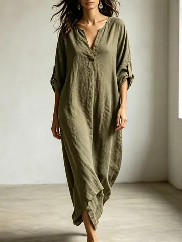 Women V-Neck Washed Maxi Dress Adjustable 3/4 Sleeve Loose Robe Vacation Style Solid Color Polyester Blend Bohemian Dress