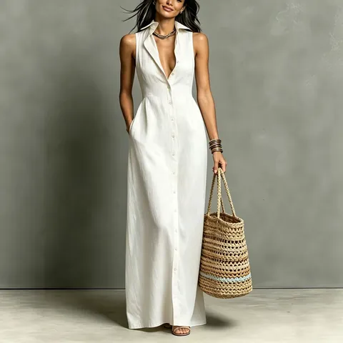 Vestido Largo Casual Sin Mangas con Solapa para Mujer Verano Color Sólido Abotonado Vestido Camisero Largo Con Bolsillos Poliéster Línea A