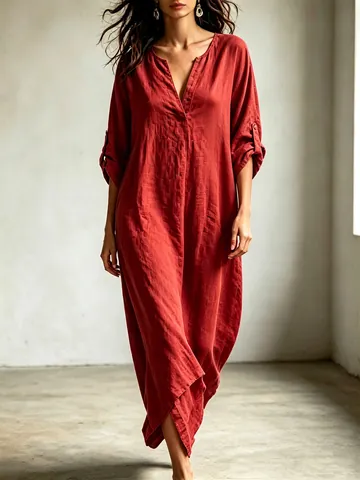 Women V-Neck Washed Maxi Dress Adjustable 3/4 Sleeve Loose Robe Vacation Style Solid Color Polyester Blend Bohemian Dress
