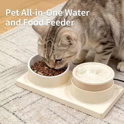 Automatic Cat Water Fountain and Food Bowl Two-in-One Pet Water Dispenser with Neck Protection Tilted Bowl Plastic Dry and Wet Separation Drinking Station