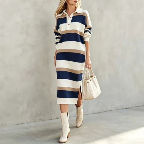 Women Striped POLO Collar Midi Dress Long Sleeve Knitted Contrast Color Side Slit Autumn Winter Casual Fashion Dress