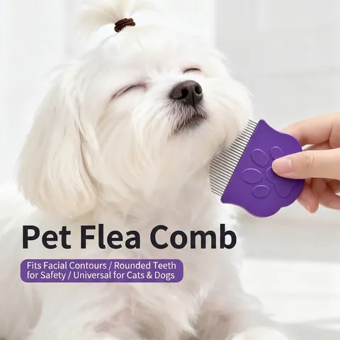 Mini Pet Flea Comb Fine Tooth Hair Removal Brush for Cats and Dogs Portable Stainless Steel Grooming Tool Paw Print Handle