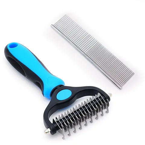 Pet Dematting Comb Dual Sided Undercoat Rake For Dogs And Cats Stainless Steel Grooming Tool With Ergonomic Handle For Long Hair