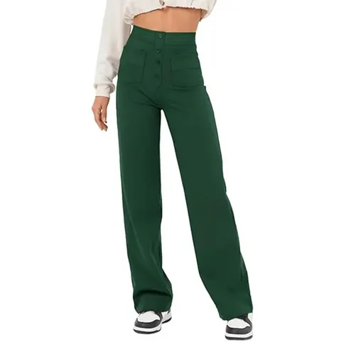 Women Casual Straight Leg Pants High Waist Button Fly Elastic Trousers With Pockets Solid Color Comfort Fashion Bottom