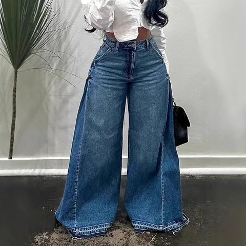 Women's Retro High Waisted Wide Leg Flare Jeans Patchwork Water Washed Denim Pants Streetwear Raw Hem Fringe Long Trousers