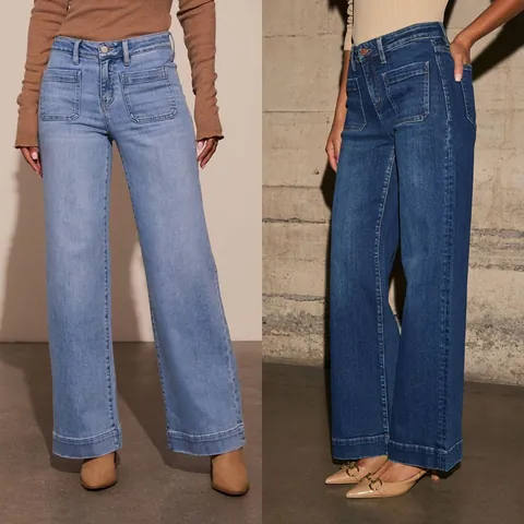 Women Retro Blue High Waist Straight Wide Leg Jeans Cotton Polyester Blend Spliced Patch Pocket Denim Pants For Spring