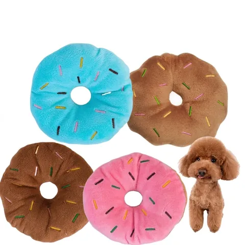 Jouet en Peluche Sonore pour Chien en Forme de Donut Résistant aux Morsures pour Petits et Moyens Chiens Chats Broderie Colorée Interactif