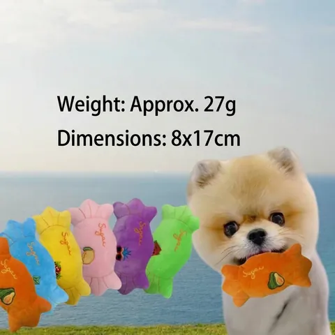 Juguete de Peluche para Mascotas Forma de Caramelo Juguete Interactivo Molar para Perros y Gatos Suave Relleno Patrón de Frutas Bordado Sugar