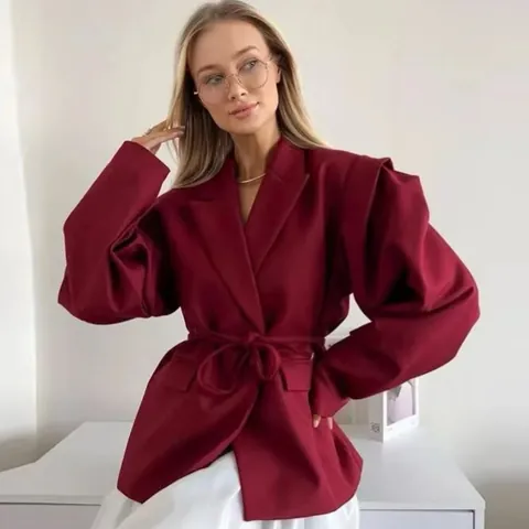 Damen Eleganter Blazer Zum Binden Puffärmel Strukturierte Schulter Einfarbig Blumendruck Büro Commute Blazer Jacke