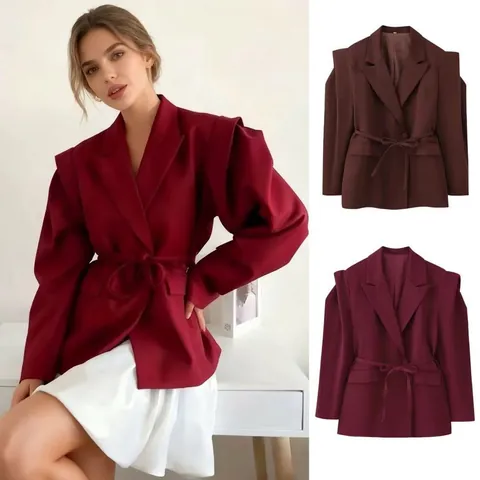 Damen Eleganter Blazer Zum Binden Puffärmel Strukturierte Schulter Einfarbig Blumendruck Büro Commute Blazer Jacke