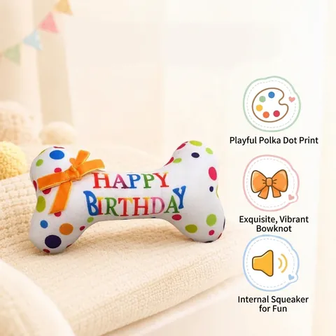 Pet Birthday Bone Plush Squeaky Toy Polyester Stuffed Bone with Colorful Dots and Orange Bow for Small Medium Dogs Puppy Birthday Gift