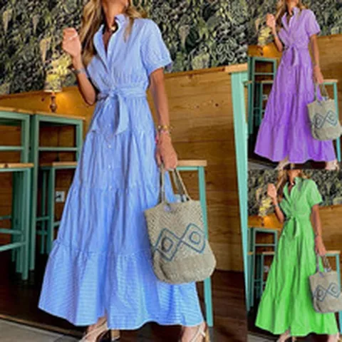 Women's Casual Striped Midi Dress Short Sleeve Lapel Button Down Tiered Hem Summer Sundress With Waist Tie Polyester Spandex Dress