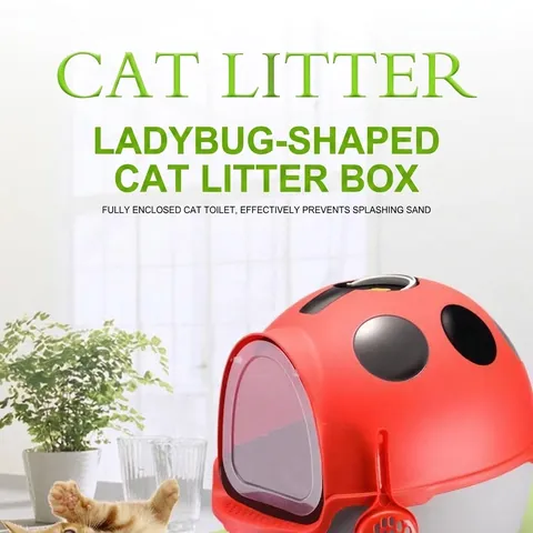 Ladybug Shape Fully Enclosed Cat Litter Box Extra Large Anti-Splatter Deodorizing Enclosed Pet Toilet with Scoop PP Material
