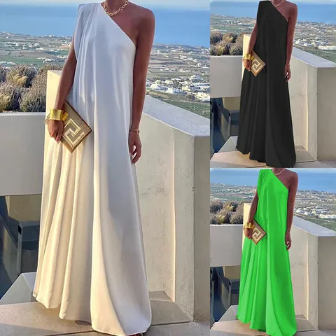 Women's Elegant Single Shoulder Sleeveless Maxi Dress Solid Color High Waist Irregular Banquet Evening Party Dress