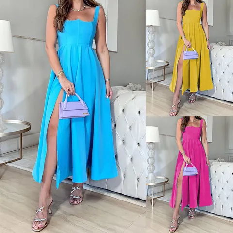 Women Summer Sexy Solid Color Sling Midi Dress Elegant Square Neck High Split Bodycon Corset Fashion Party Club Dress