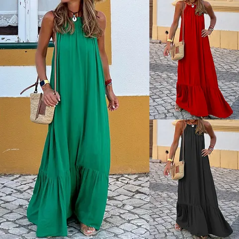 FD1450 Women Halter Neck Sleeveless Maxi Beach Dress Polyester Ruched A-Line Solid Color Summer Vacation Long Dress
