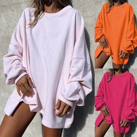 Women Round Neck Sweatshirt Long Sleeve Oversized Pullover Cotton Blend Solid Color Longline Casual Top Fashion Spring