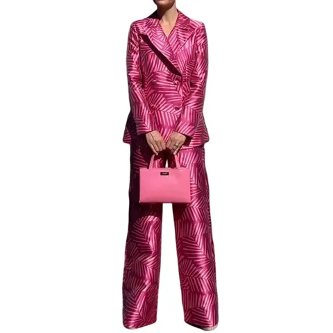 Women Striped Floral Print Blazer And Pants Set Double Breasted Lapel Long Sleeve Professional Suit Set Ladies Casual Two Piece Outfit