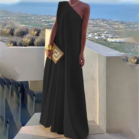 Women's Elegant Single Shoulder Sleeveless Maxi Dress Solid Color High Waist Irregular Banquet Evening Party Dress