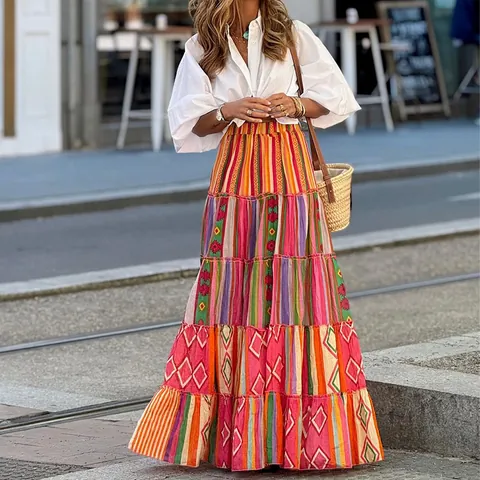 Bohemian Printed Tiered A-Line Skirt For Women Summer Beach Vacation Ethnic Geometric Pattern Casual Bottom Long Maxi Skirt