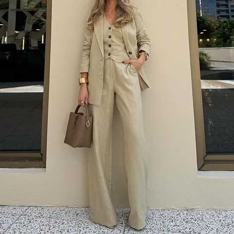 Women Elegant Blazer Vest And Wide Leg Pants Set Polyester Solid Color Commuter Office Fashion Outfit Clothing