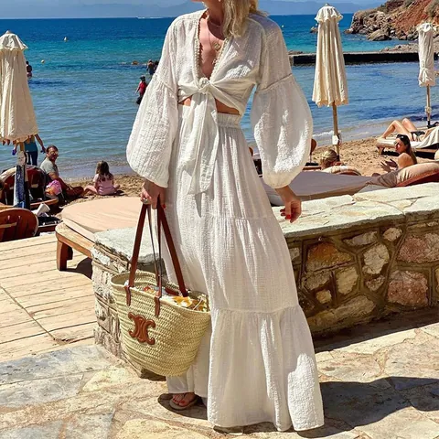 Bohemian White Women Two Piece Set Puff Sleeve Tie Front Cardigan And Tiered Maxi Skirt Vacation Solid Top And Bottom