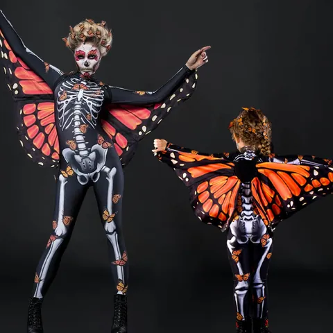 Halloween Skeleton Print Jumpsuit With Butterfly Wings Cloak Polyester Parent Child Set Cosplay Party Women Kids Costume